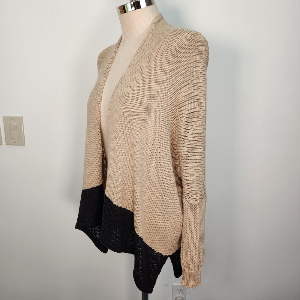 Wooden Ships Cardigan Beige Black Open Front Drop Shoulder Sweater Womens S/M - Picture 2 of 7